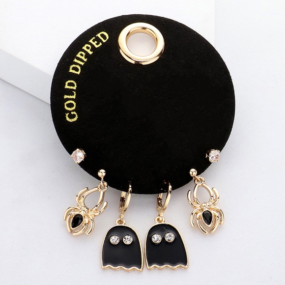 Secret Box Gold Dipped Enamel Ghost Spider Stone Stud 3 Pairs Earring (A) - Picture 1 of 1